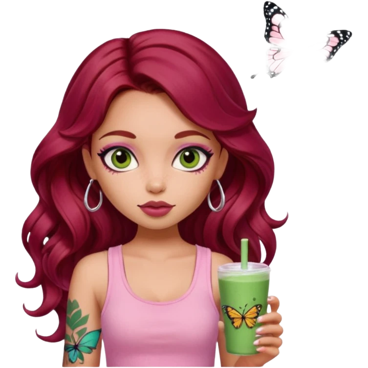 a pretty fair bratz girl with wavy dark red hair, wearing a pink tank top , carrying a matcha . eyeliner on. butterfly tattoo on arm emoji