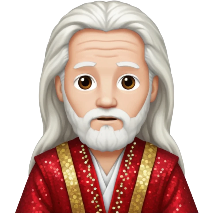 Moses from The Bible with long white hair, red sequin outfit emoji