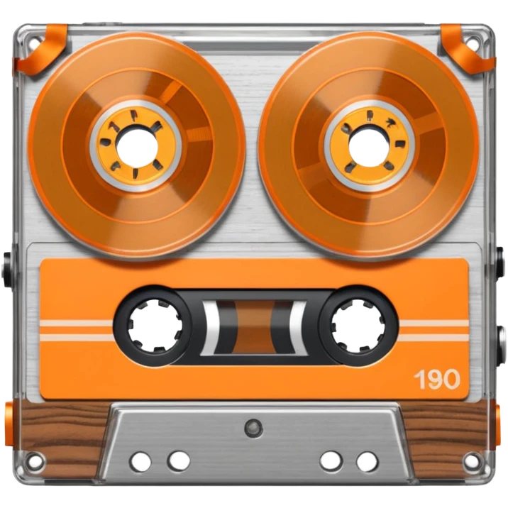 3D render of Cassette Tape, vintage 1980s audio equipment aesthetic, tactile analog buttons, transparent clear plastic with orange ribbon reels inside, mixed wood grain and brushed aluminum textures, Apple emoji style, isolated on white background --v 6.0 emoji