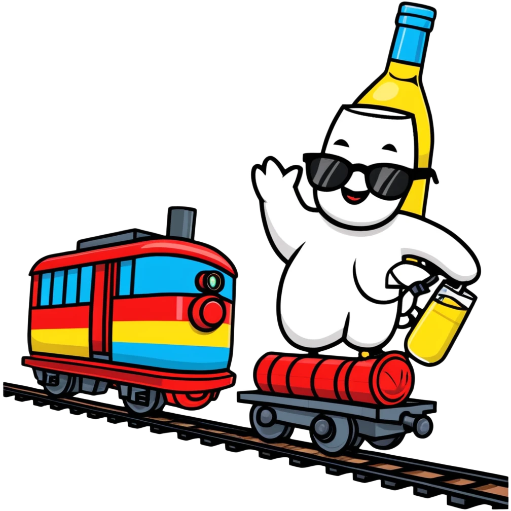 A comical locomotive partying with sunglasses, dancing on train tracks, holding vodka bottles like maracas emoji