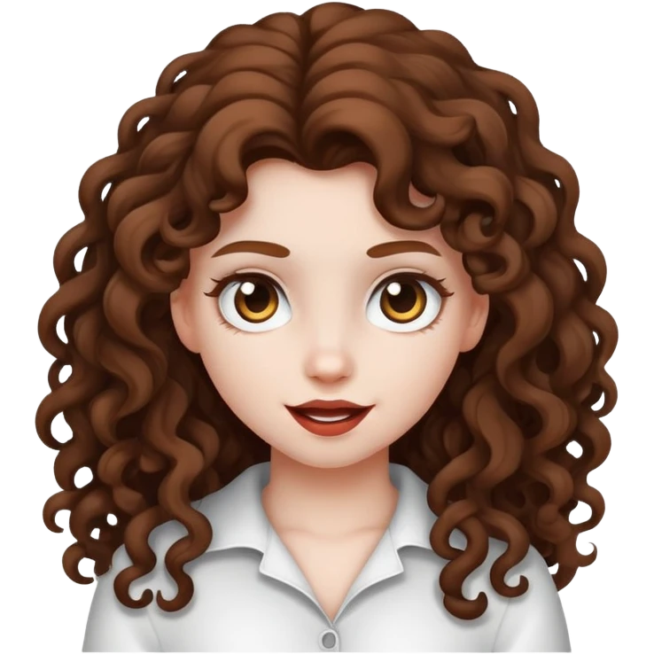 a girl with white skin, long brown curly hair, a mischievous and somewhat cool face, wearing white or black clothes emoji