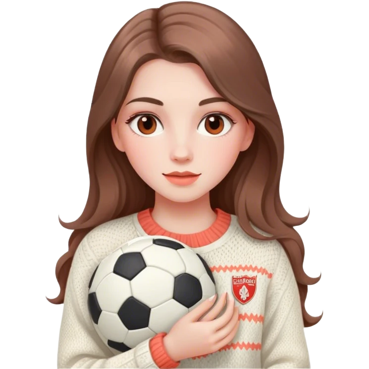 pale girl with soft and long brown hair and makeup with coral colors, holding a soccer ball, wearing ivory and trendy knitwear emoji