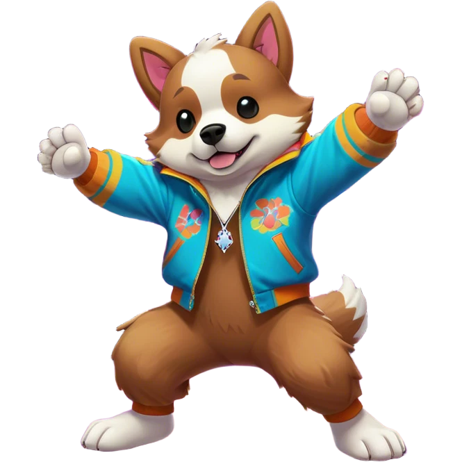 "A cartoon-style arcade dog performing a breakdance move. The dog has a playful and energetic expression, wearing a retro arcade-themed jacket with neon details. Its paws are mid-spin, with motion lines emphasizing movement. The background features a subtle pixel-art arcade floor, adding to the retro gaming aesthetic. The overall style is fun, dynamic, and full of energy. emoji