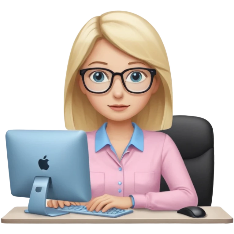 redattrice editoriale. Bionda, capelli lisci biondo scuro, lunghezza media. Occhi azzurri/blu con occhiali. è al pc a lavorare. Indossa una camicetta rosa chiaro emoji
