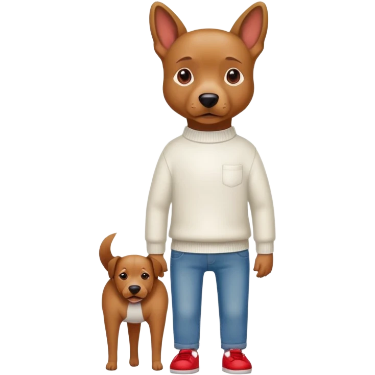 Brown dog standing upright with hands in jean pockets, wearing a white sweater and red shoes emoji