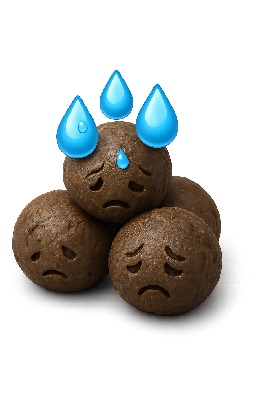 emoji stile iphone di una montagnetta di feci umane realistiche a palline tristi con sopra un simbolo delle gocce di acqua, iperrealistico 4k emoji