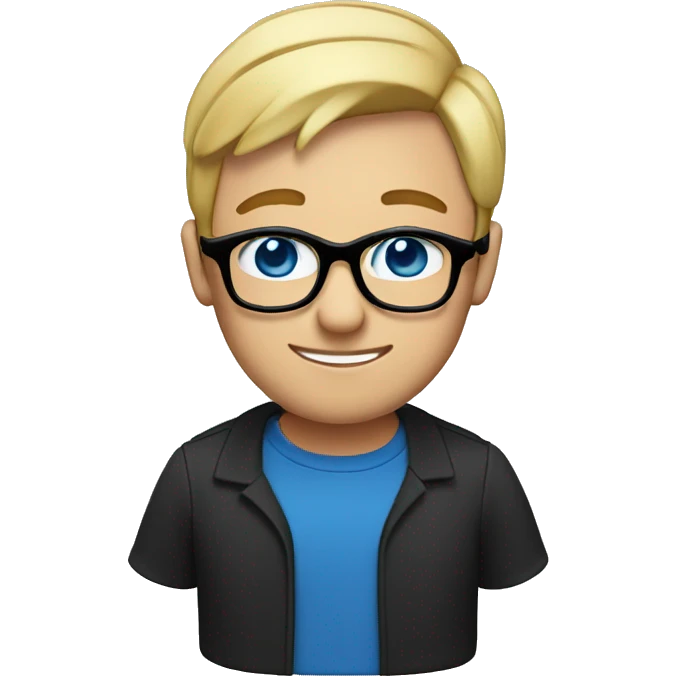 Man with short straight blonde hair and blue eyes with black glasses emoji