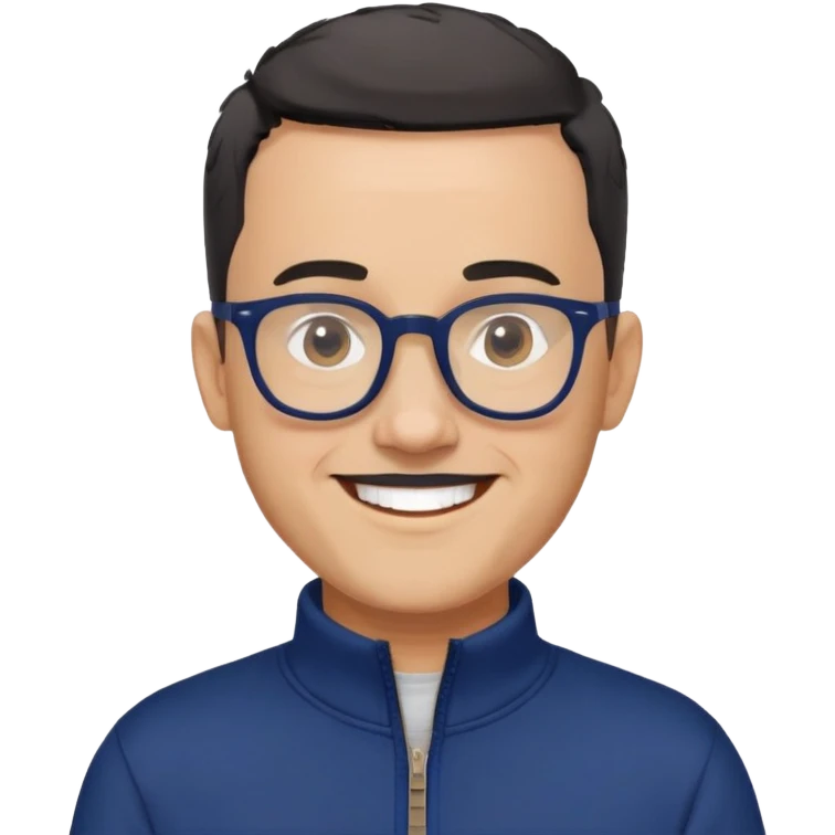 Light-skinned man with very short black hair (shorter buzz cut), short graying beard, big black glasses frames, happy smile, navy blue zip-up sweatshirt with long sleeves emoji