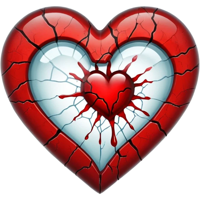 cracked glass heart with blood liquid inside, some blood seeping from cracks emoji