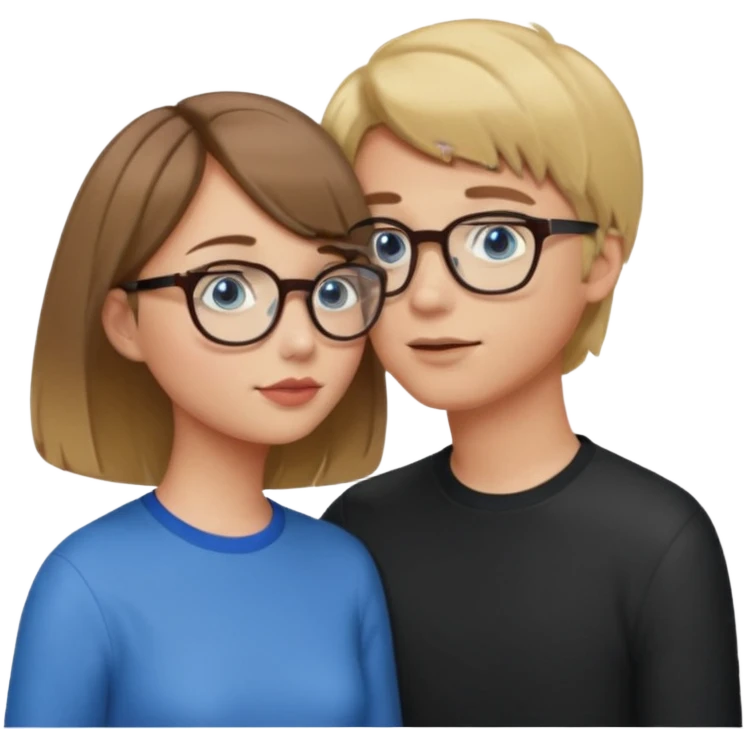 una ragazza con il caschetto marrone che bacia un ragazzo con i capelli biondi gli occhiali da vista e gli occhi azzurri emoji