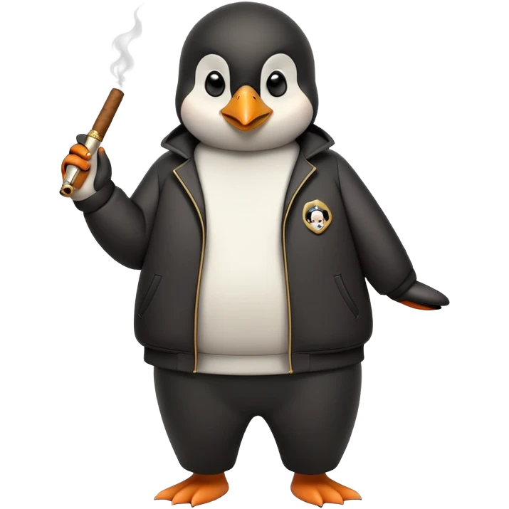 friendly anthropomorphised penguin wearing a mafia-style tracksuit, holding a cigar, secretive scheming pose, soprano vibe emoji