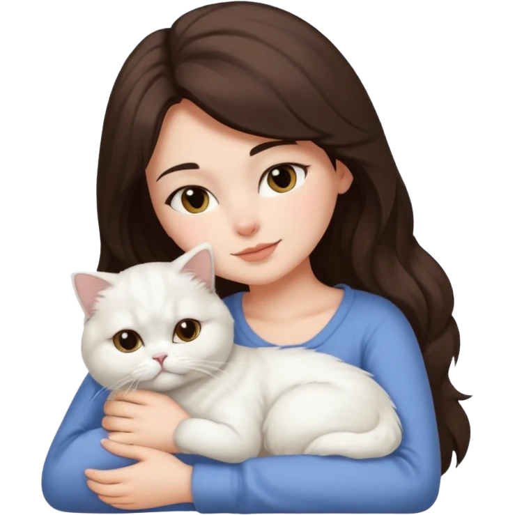 Brunette woman snuggling white Persian cat emoji