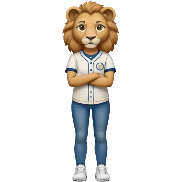 friendly anthropomorphised female lion wearing a baseball shirt, jeans, trainers, standing upright with arms folded, looking very determined emoji