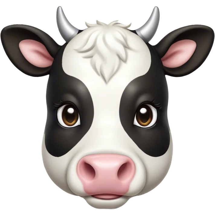 Cinematic Cute Black and White Cow Portrait Emoji, Head tilted playfully and inquisitively, featuring a glossy, contrasting coat of black and white, round, sparkling brown eyes filled with gentle curiosity, Simplified yet irresistibly adorable features, highly detailed, glowing with a warm, friendly glow, high shine, affectionate and serene, stylized with a touch of contemporary charm, bright and endearing, soft glowing outline, capturing the essence of a mischievous yet loving cow, so playful it feels like it could moo out of the screen and into your arms! emoji