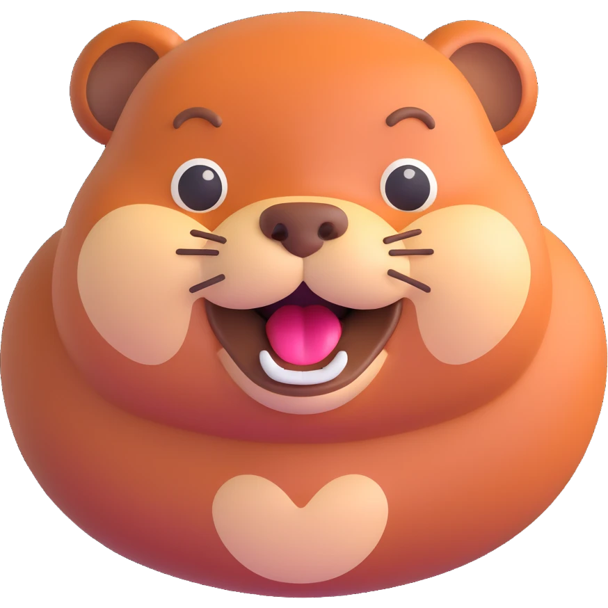 cute friendly beaver character, bright expression, round body, emphasized front teeth, 3D emoji style emoji