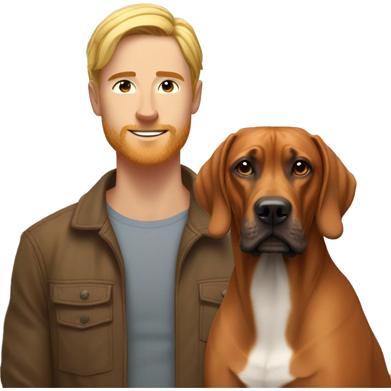 white male with long rainbow colored hair standing alongside a brown rhodesian ridgeback emoji