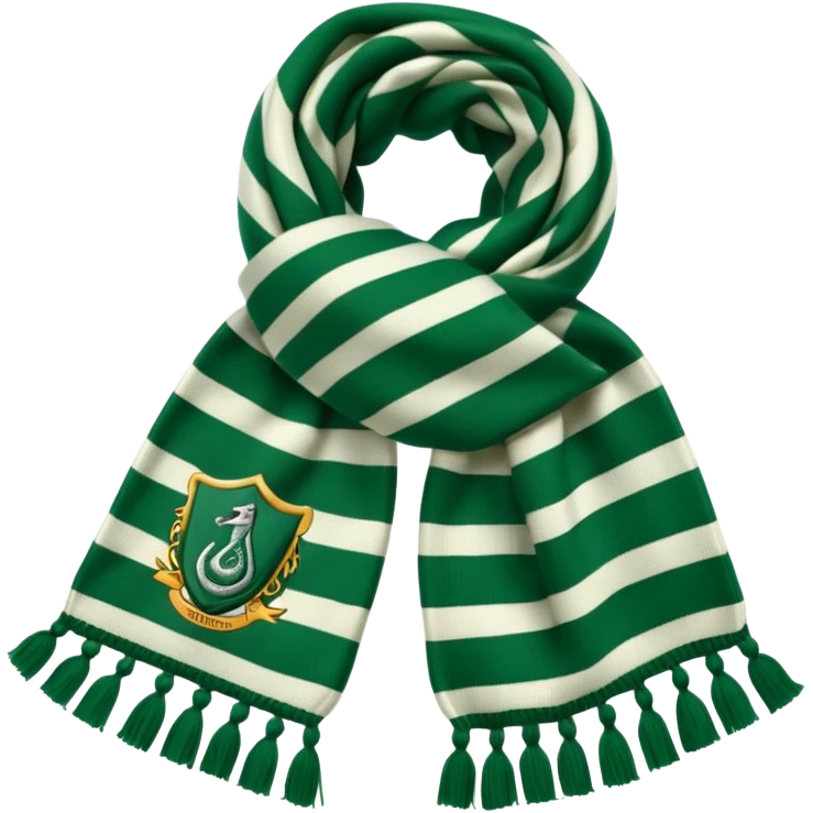 Green and white striped scarf with house Slytherin banner on it emoji