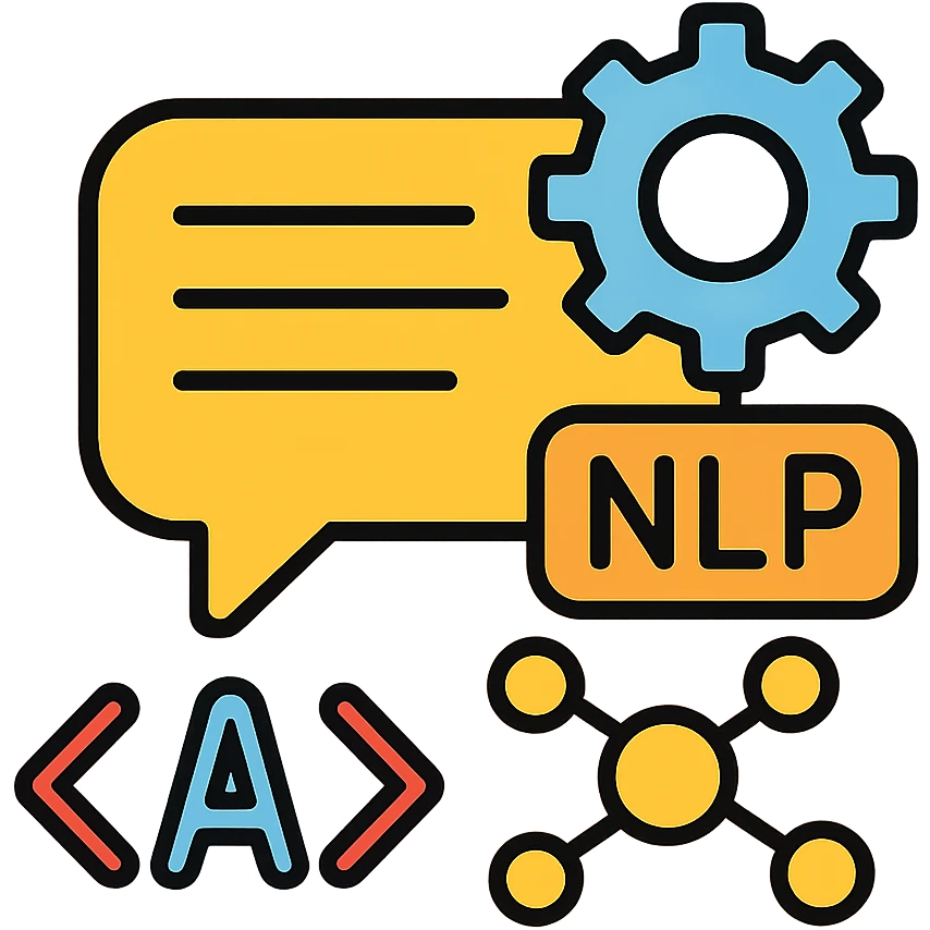 NLP icon with text analysis, language processing, and machine learning elements emoji