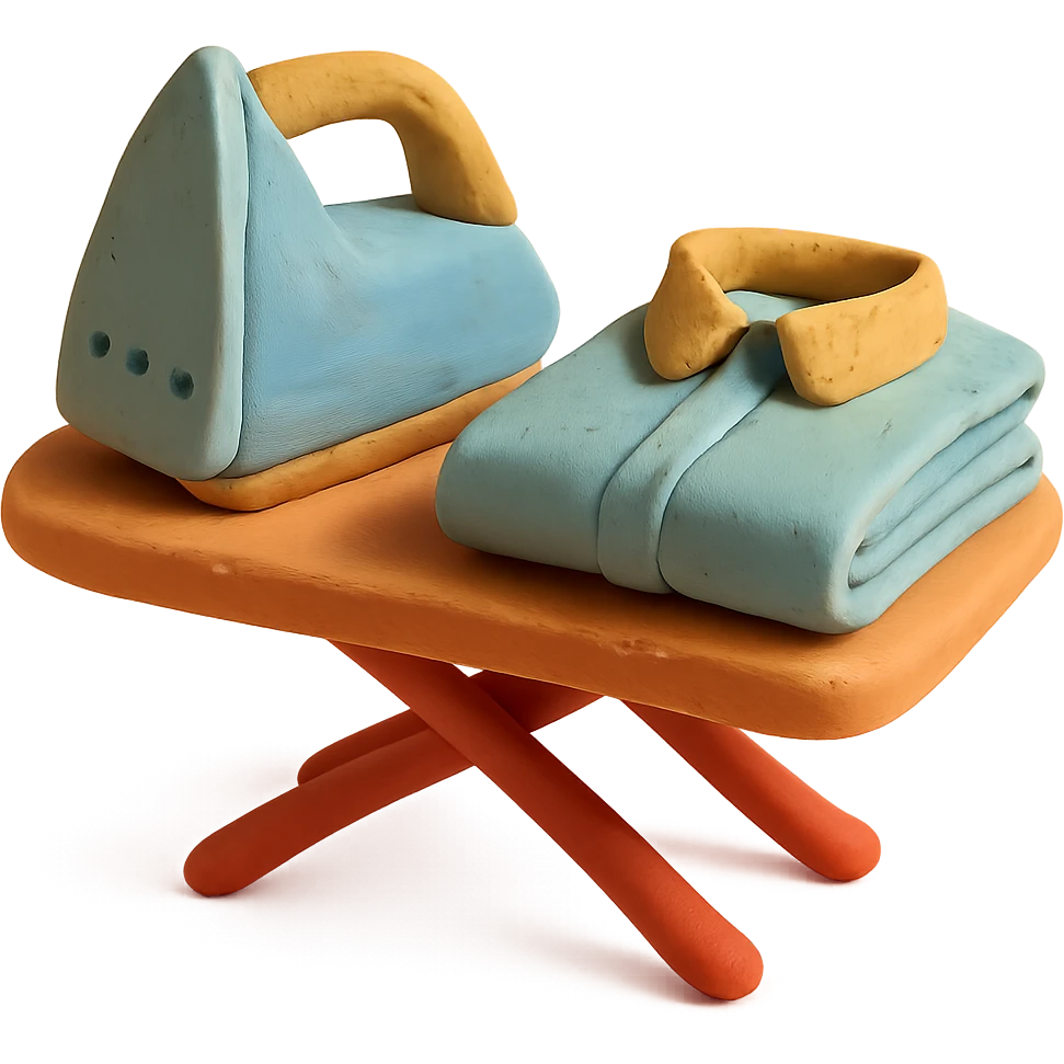 iron on ironing board with a neatly folded shirt, playful arrangement, pastel palette, claymation style emoji