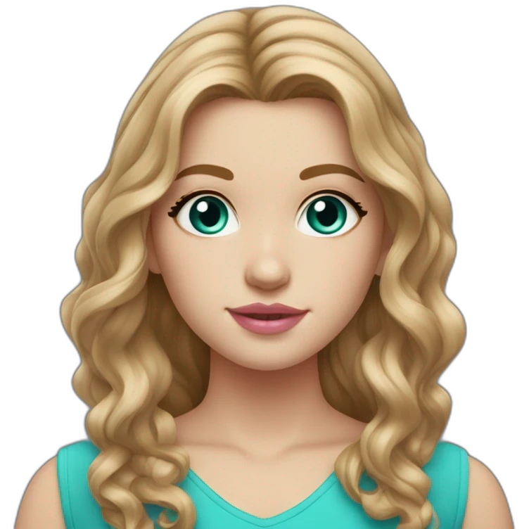 white girl with long wavy light brown hair HAZEL eyes, round face, divet in chin, pink lip gloss turquoise top emoji