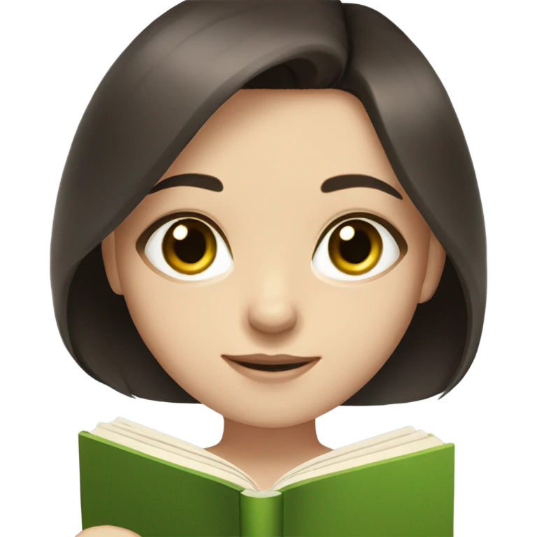 Girl with green eyes, shoulder length dark brown hair, pale skin, reading a book  emoji
