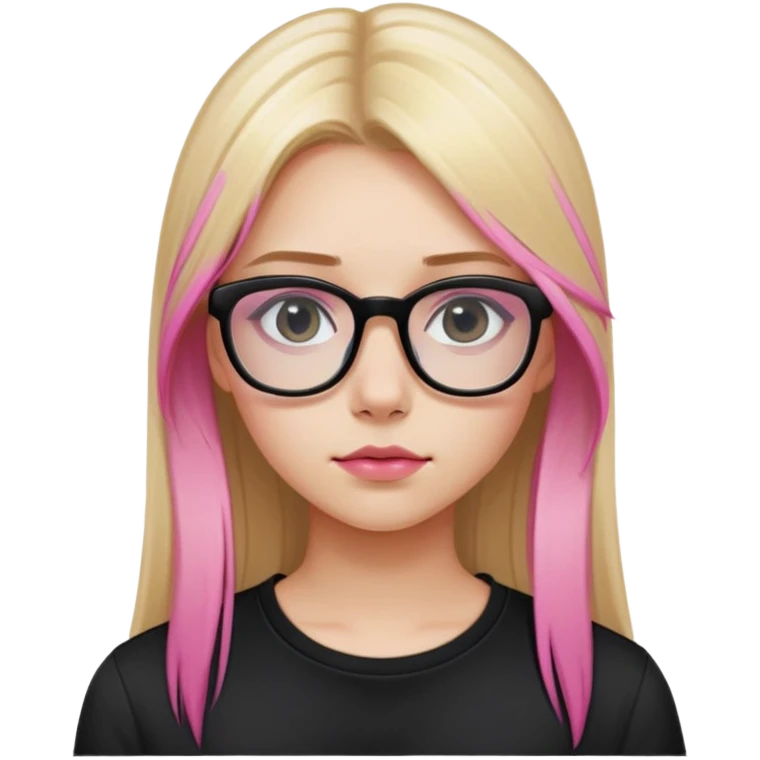 Teenage girl taking a selfie in a school bathroom. Long straight blonde hair with pink dye, rectangular glasses, black shirt, neutral expression with slightly glossy lips emoji