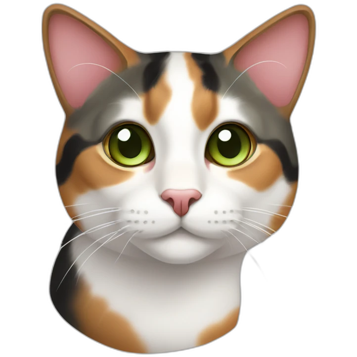 young striped calico cat face with a pink nose, white chin, green eyes, and orange/brown markings emoji