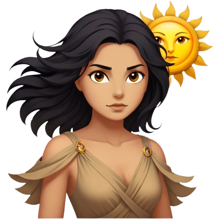 Cinematic Stunning Pocahontas Portrait Emoji, Windswept raven hair flowing behind her, deep brown eyes filled with wisdom and strength, glowing sun-kissed skin, wearing her elegant tan dress, the spirit of the wild in her expression, breathtakingly majestic! emoji