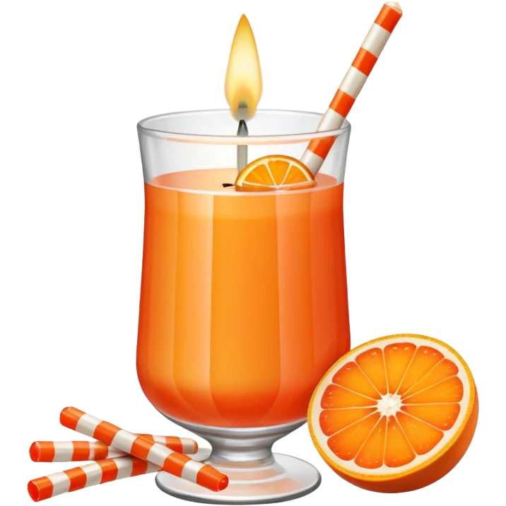 An orange grapefruit, with a horizontal red stripe around the middle. 4 vertical cocktail sticks in the orange with small pieces of candy on the sticks. On top of the orange a small white lit candle. The orange should be a piece of fruit not a drink.  emoji