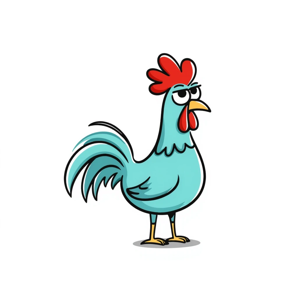 A silly cross-eyed rooster chicken with bright blue-green feathers, red comb, long neck, skinny legs, and confused expression emoji