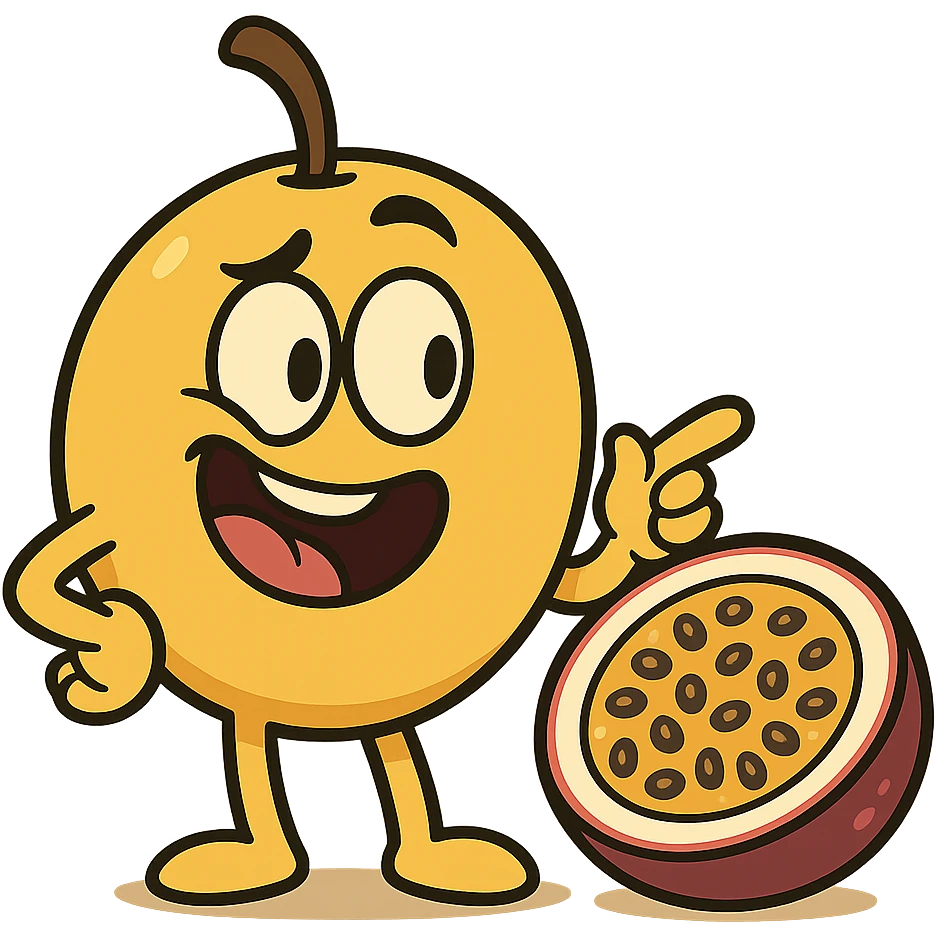 maracujá fruit, cartoon style, bold outlines, bright colors, playful expression emoji