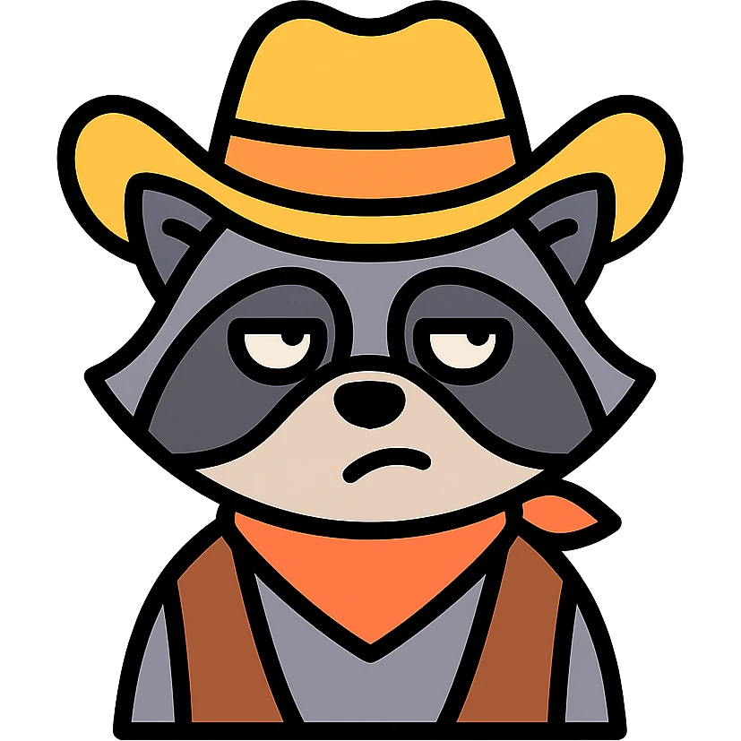 raccoon dressed as a cowboy, rolling his eyes, color outline icon emoji
