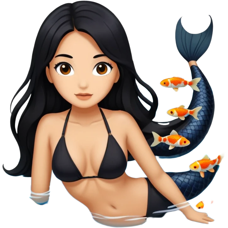 long black hair tanned woman, black bikini, in koi fish pond emoji