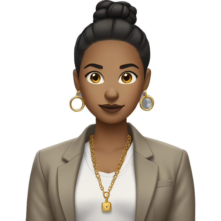 Light brown girl with black low bun, gold bracelet, gold rings, gold nose ring, gold rings, gold earrings, with a gray shirt, a blazer, plaid pants, and white sneakers emoji