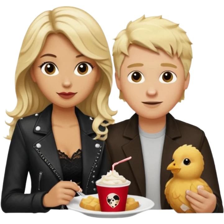 Love tan woman long wavy blonde hair and black lace  with  a white man short spiked blonde hair wearing Brown  jacket eating chick filet  emoji