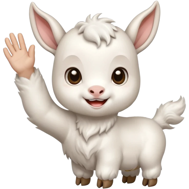Chibi baby goat with a joyful expression, waving hello with one hoof, simple clean chibi stickers style, designed for a small emote, white background. Make sure that the hoof is not a hand. emoji