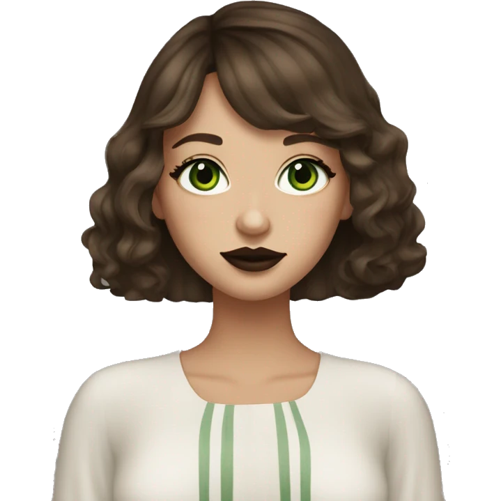 A beautiful women, with brown hair and curtain bangs, green eyes, dark feminine vibes and a little bit darker lipstick, showing her white nails  emoji