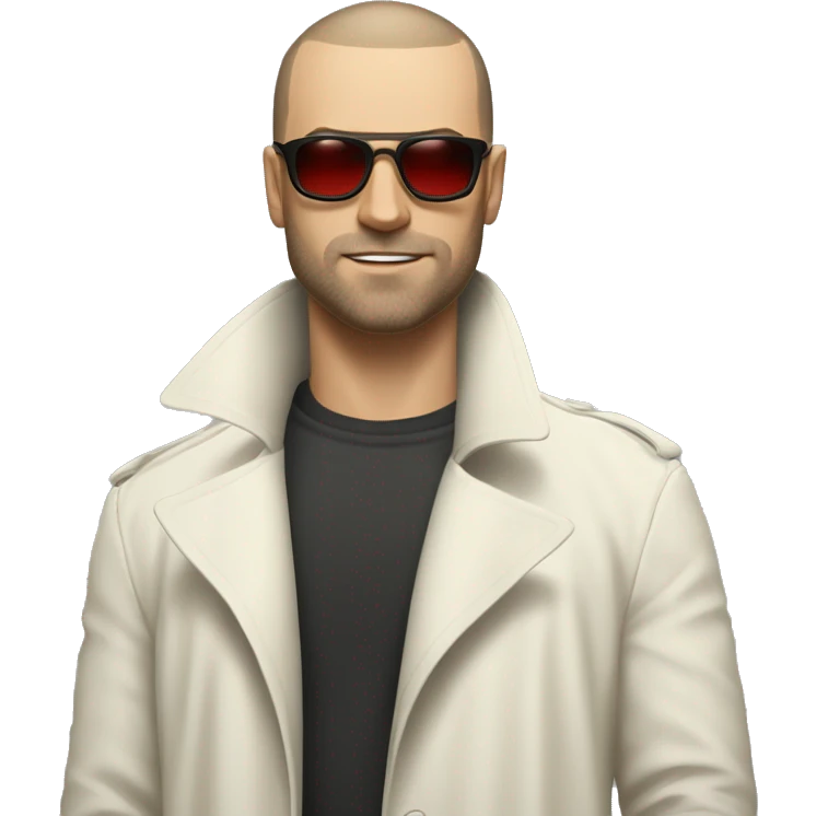 <excerpt>
A white man with real buzz cut Black hair, beard stubble donning small red tinted sun glasses in a dirty white trench coat, is serious.
</excerpt> emoji