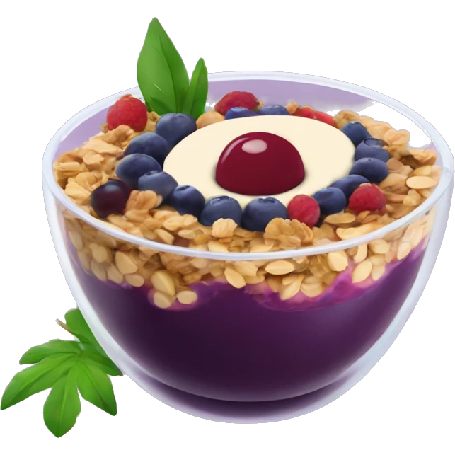 Açaí in a clear cup with layers of fruits and granola and condensed milk emoji
