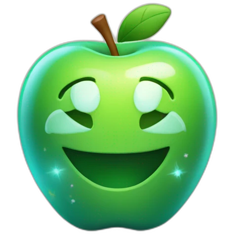 Create a 3D apple with a luminous, semi-transparent skin, revealing a starry interior, set in a garden. emoji