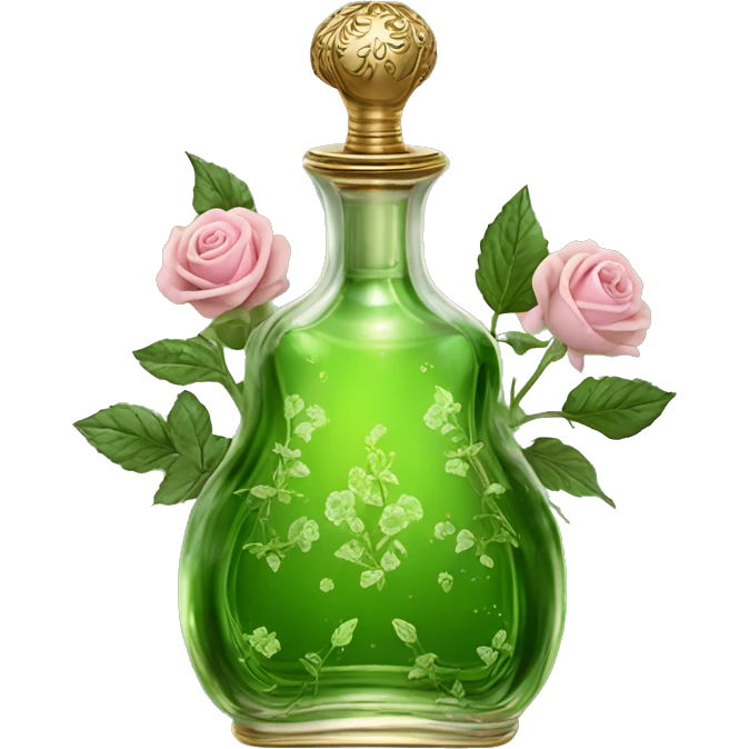 Green magic sparkling old Antique oil perfume bottle with herbal and rose flowers emoji