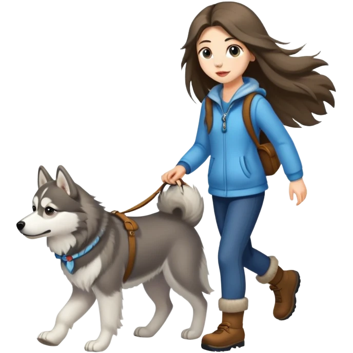 A long-haired girl walking a husky emoji