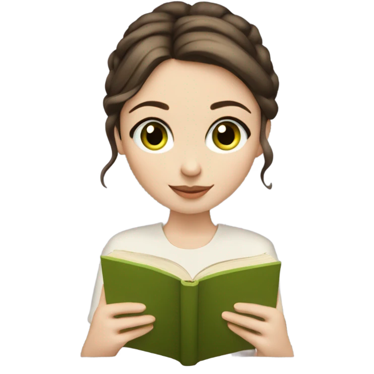 Girl with brown hair in a low bun, wispy bangs, green eyes, pale skin, reading a book emoji