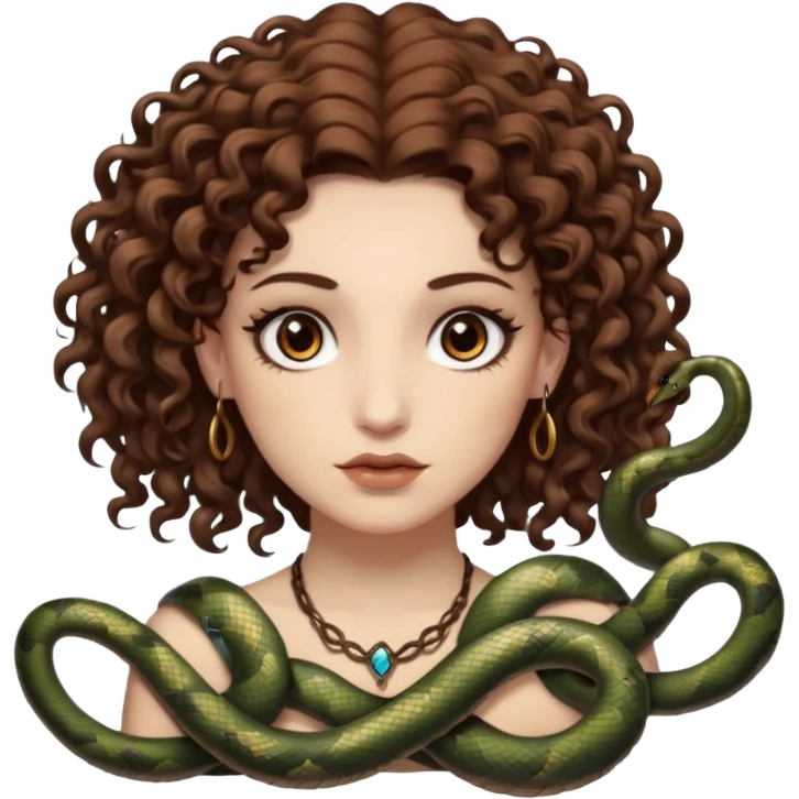 Sexy brown eyes, white skin, brown curly hair, with tattoo, mystic vibe, with snakes  emoji