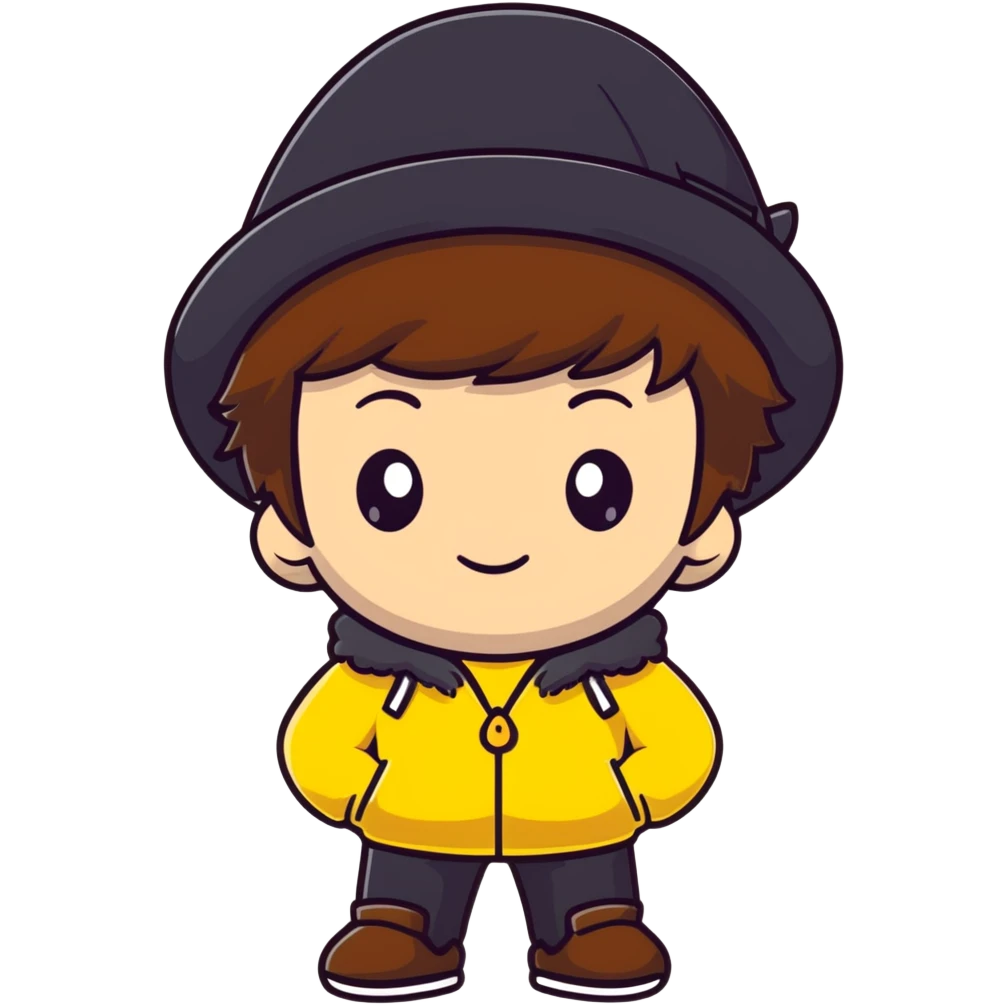 cute boy with fluffy brown hair wearing a black hat with yellow decoration emoji