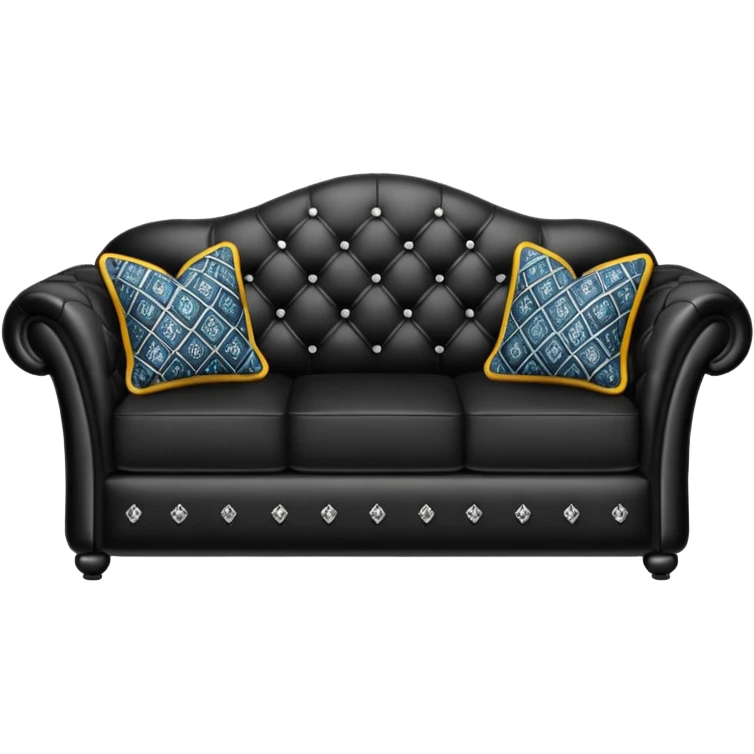 Hyperrealistic mirco-detailed, black leather Luxury couch, with two patterned print decorative pillows, in a trending now style. Sill life, no emoji icons, no emoji faces, no human figures, 8k emoji