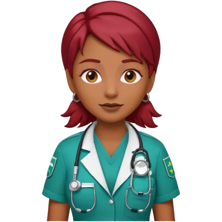medium brown skin tone woman emoji with red burgundy hair in a paramedic outfit with a stethoscope around neck emoji