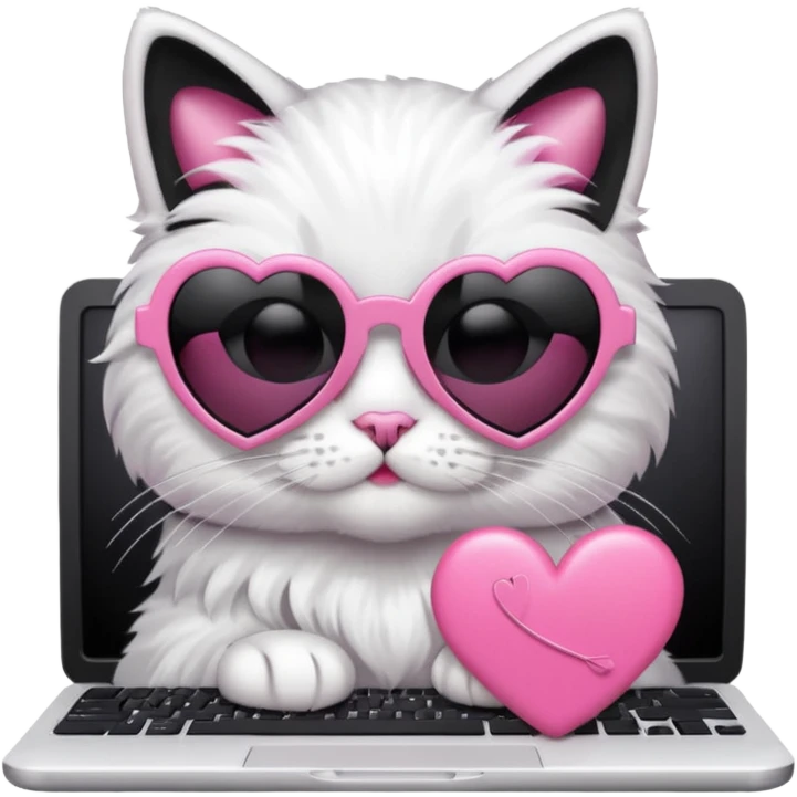 Black and white cat with pink ribbon and black cool sunglasses doing pink computer with pink heart emoji
