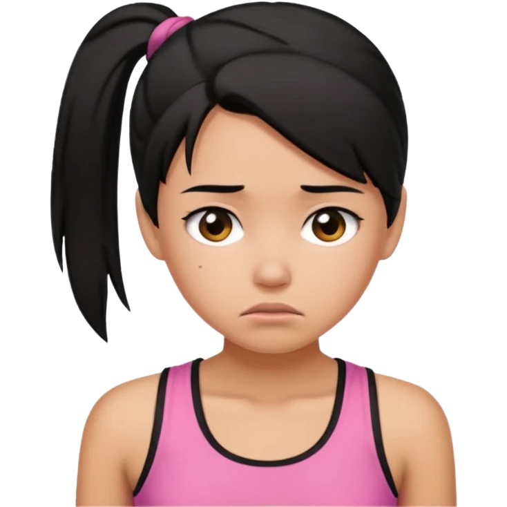 A tan girl with black hair in a ponytail. Wearing a pink tank top. Looking sad emoji