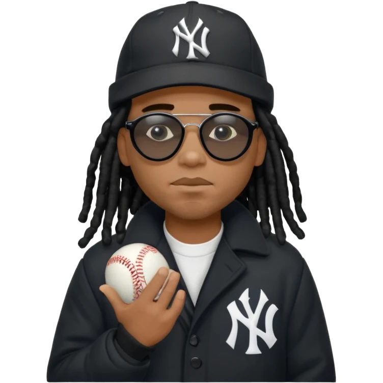 African American man with shoulder length black dreadlocks wearing black sunglasses with black bubble winter coat wearing a New York Yankees baseball hat with hands thinking on face emoji